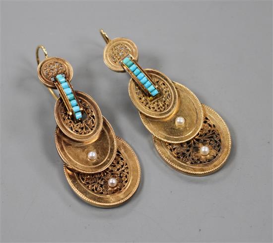 A pair of late Victorian yellow metal, turquoise and seed pearl set graduated oval disc drop earrings, overall 46mm.